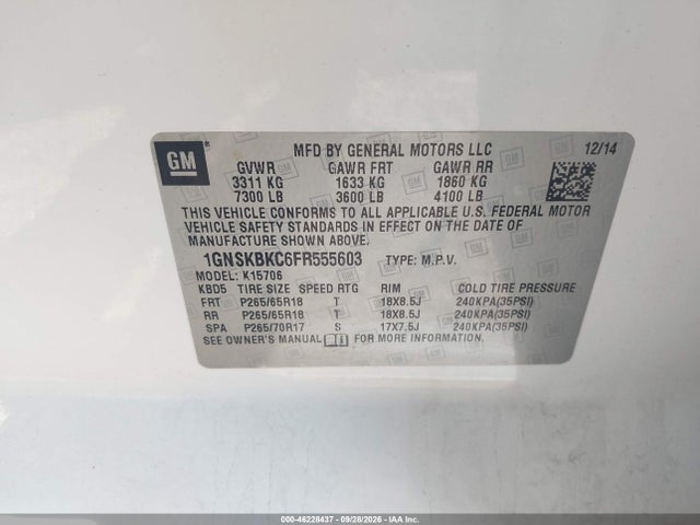 Aukcja sprzedaży 2015 Chevrolet Tahoe Lt, vin: 1GNSKBKC6FR555603, numer aukcji: 46228437