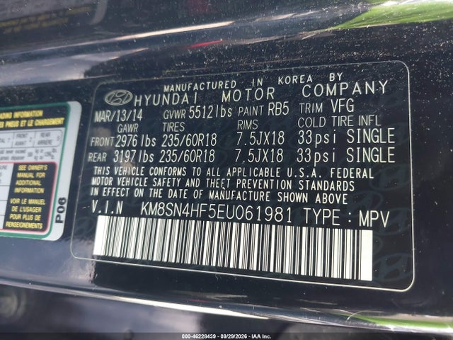 Продаж на аукціоні авто 2014 Hyundai Santa Fe Gls, vin: KM8SN4HF5EU061981, номер лоту: 46228439