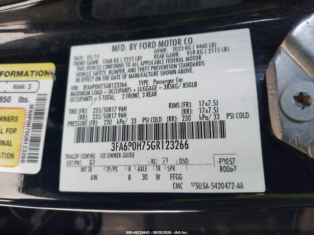 2016 Ford Fusion Se მანქანა იყიდება აუქციონზე, vin: 3FA6P0H75GR123266, აუქციონის ნომერი: 46228443