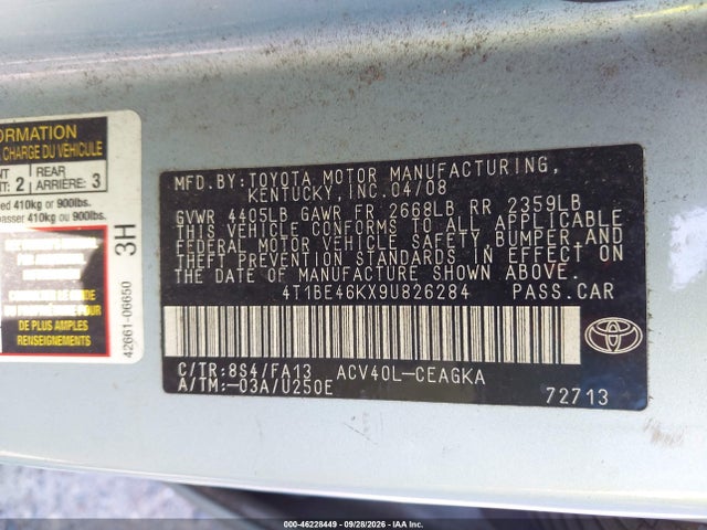 2009 Toyota Camry Xle მანქანა იყიდება აუქციონზე, vin: 4T1BE46KX9U826284, აუქციონის ნომერი: 46228449