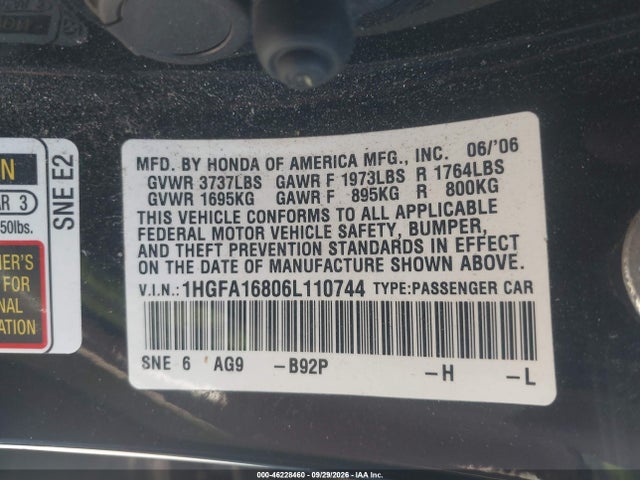 Aukcja sprzedaży 2006 Honda Civic Ex, vin: 1HGFA16806L110744, numer aukcji: 46228460