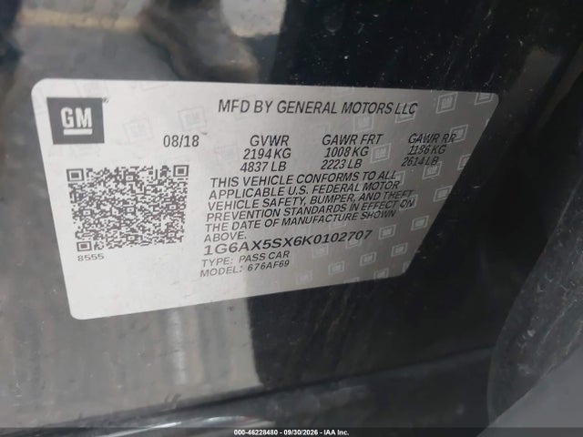 2019 Cadillac Cts Luxury მანქანა იყიდება აუქციონზე, vin: 1G6AX5SX6K0102707, აუქციონის ნომერი: 46228480