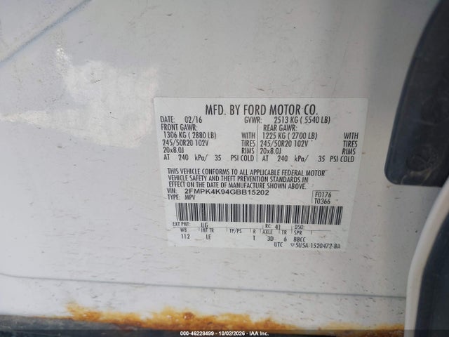 46228499 :رقم المزاد ، 2FMPK4K94GBB15202 vin ، 2016 Ford Edge Titanium مزاد بيع