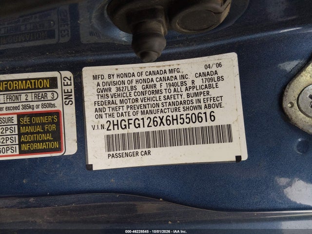 46228545 :رقم المزاد ، 2HGFG126X6H550616 vin ، 2006 Honda Civic Lx مزاد بيع