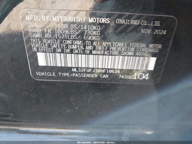 2024 Mitsubishi Mirage G4 Black Edition/es/le მანქანა იყიდება აუქციონზე, vin: ML32FUFJ3RHF18624, აუქციონის ნომერი: 46228547