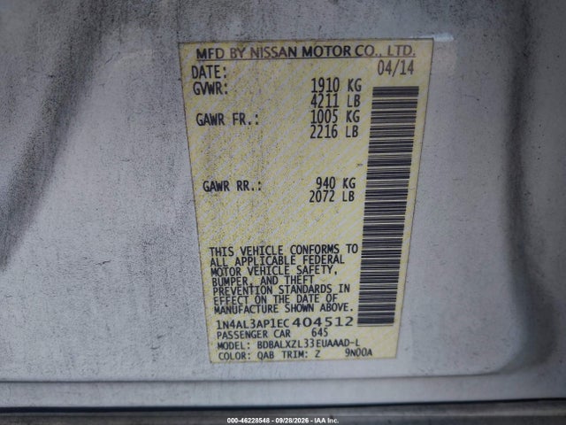 Продажа на аукционе авто 2014 Nissan Altima 2.5 Sl, vin: 1N4AL3AP1EC404512, номер лота: 46228548