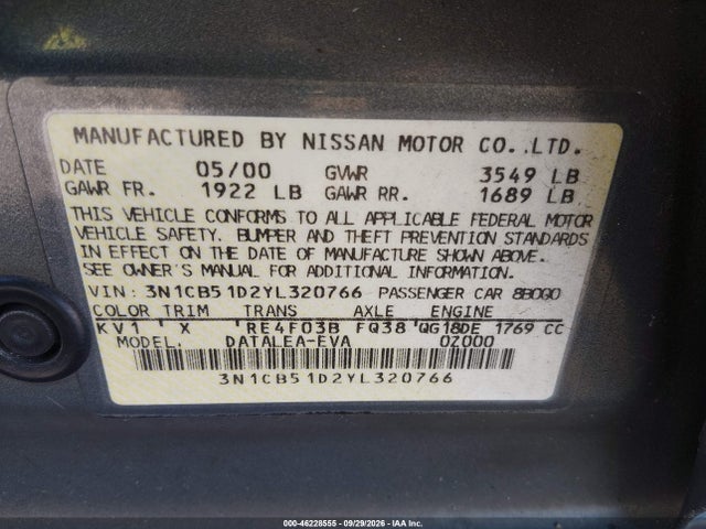 Продаж на аукціоні авто 2000 Nissan Sentra Gxe/xe, vin: 3N1CB51D2YL320766, номер лоту: 46228555