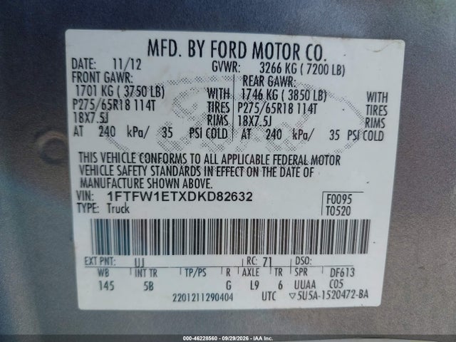 2013 Ford F-150 Fx4 მანქანა იყიდება აუქციონზე, vin: 1FTFW1ETXDKD82632, აუქციონის ნომერი: 46228560