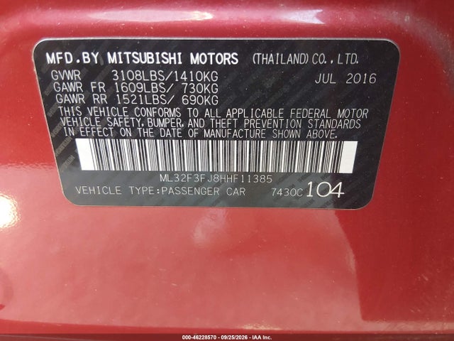 46228570 :رقم المزاد ، ML32F3FJ8HHF11385 vin ، 2017 Mitsubishi Mirage G4 Es مزاد بيع