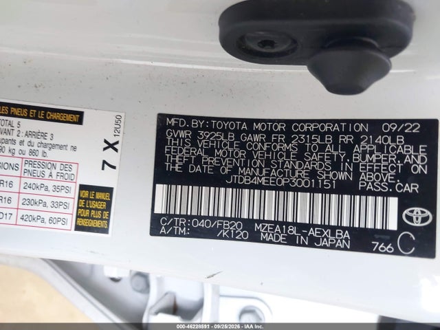 2023 Toyota Corolla Le მანქანა იყიდება აუქციონზე, vin: JTDB4MEE0P3001151, აუქციონის ნომერი: 46228591