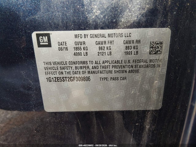 46228602 :رقم المزاد ، 1G1ZE5ST2GF309806 vin ، 2016 Chevrolet Malibu 1lt مزاد بيع
