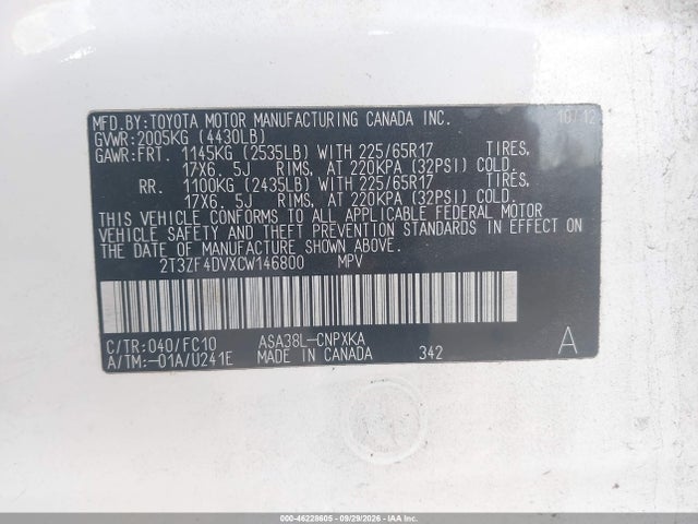 Aukcja sprzedaży 2012 Toyota Rav4, vin: 2T3ZF4DVXCW146800, numer aukcji: 46228605