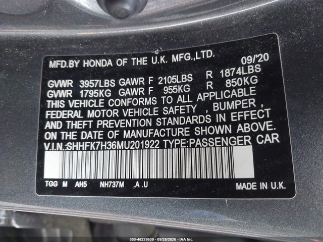 2021 Honda Civic Lx მანქანა იყიდება აუქციონზე, vin: SHHFK7H36MU201922, აუქციონის ნომერი: 46228609