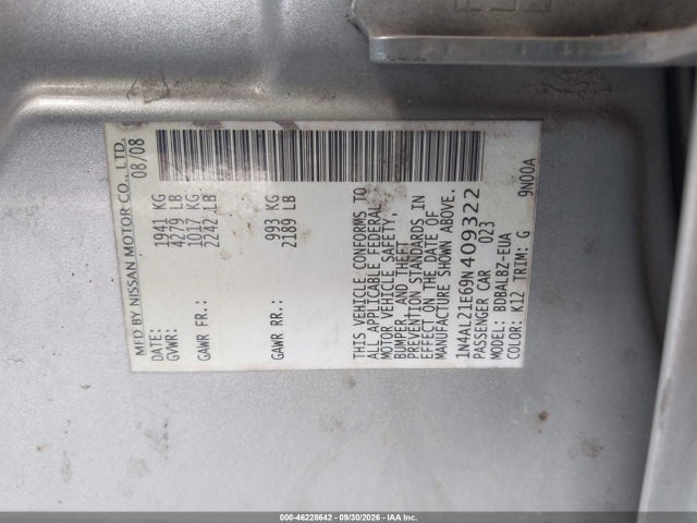 46228642 :رقم المزاد ، 1N4AL21E69N409322 vin ، 2009 Nissan Altima 2.5 S مزاد بيع