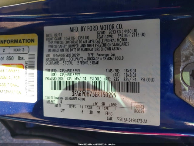 Продажа на аукционе авто 2014 Ford Fusion Se, vin: 3FA6P0H75ER150299, номер лота: 46228674