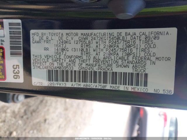 2010 Toyota Tacoma Base V6 მანქანა იყიდება აუქციონზე, vin: 3TMLU4EN3AM039533, აუქციონის ნომერი: 46228675
