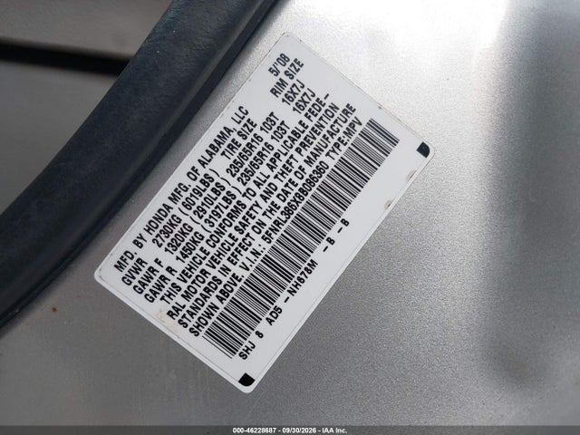 Продажа на аукционе авто 2008 Honda Odyssey Ex-l, vin: 5FNRL386X8B086360, номер лота: 46228687