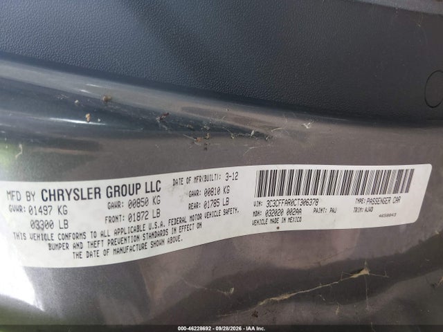 46228692 :رقم المزاد ، 3C3CFFAR0CT306378 vin ، 2012 Fiat 500 Pop مزاد بيع