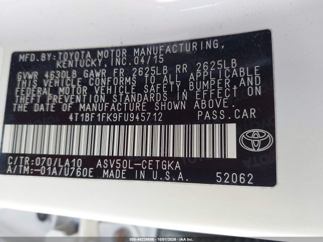2015 Toyota Camry Xle მანქანა იყიდება აუქციონზე, vin: 4T1BF1FK9FU945712, აუქციონის ნომერი: 46228696