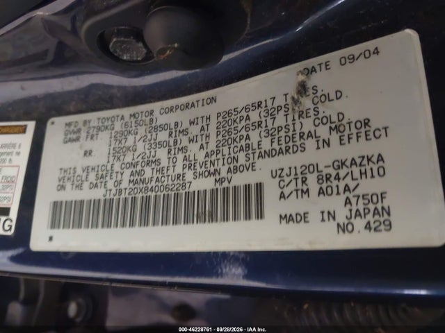 Aukcja sprzedaży 2004 Lexus Gx 470, vin: JTJBT20X840062287, numer aukcji: 46228761