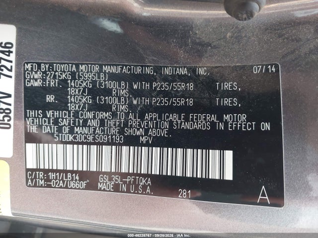 Aukcja sprzedaży 2014 Toyota Sienna Xle 7 Passenger, vin: 5TDDK3DC9ES091193, numer aukcji: 46228767