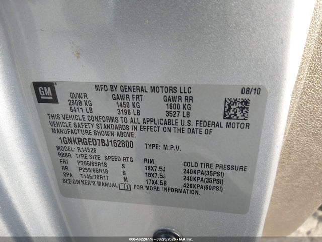 46228775 :رقم المزاد ، 1GNKRGED7BJ162800 vin ، 2011 Chevrolet Traverse 1lt مزاد بيع