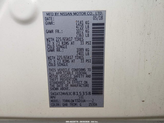 Продаж на аукціоні авто 2018 Nissan Rogue Sv, vin: 5N1AT2MV6JC815358, номер лоту: 46228779