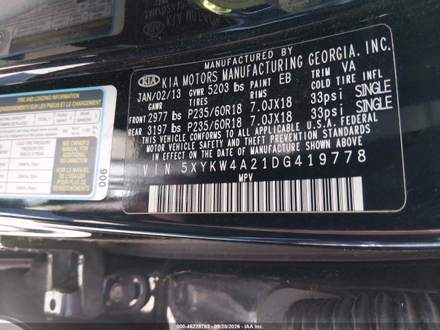 Auction sale of the 2013 Kia Sorento Sx, vin: 5XYKW4A21DG419778, lot number: 46228783