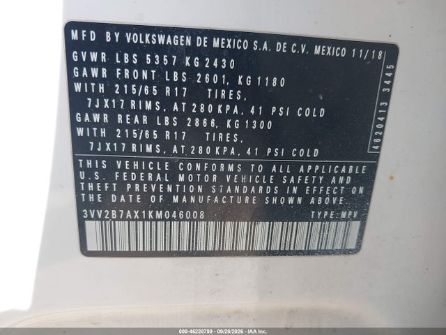 46228799 :رقم المزاد ، 3VV2B7AX1KM046008 vin ، 2019 Volkswagen Tiguan 2.0t Se/2.0t Sel/2.0t Sel R-line/2.0t Sel R-line Black مزاد بيع