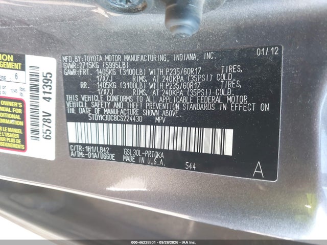 2012 Toyota Sienna Xle V6 8 Passenger მანქანა იყიდება აუქციონზე, vin: 5TDYK3DC8CS224430, აუქციონის ნომერი: 46228801