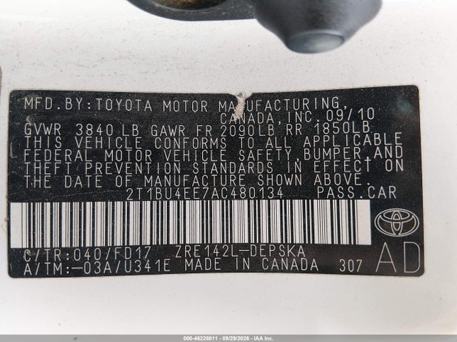 46228811 :رقم المزاد ، 2T1BU4EE7AC480134 vin ، 2010 Toyota Corolla S مزاد بيع