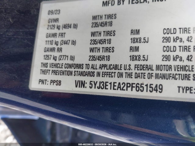 Tesla Model 3 Rear-wheel Drive 2023 5YJ3E1EA2PF651549 Image 9