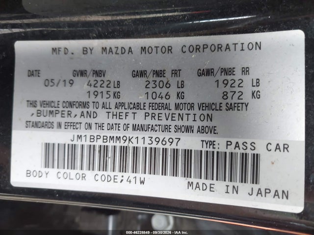 46228849 :رقم المزاد ، JM1BPBMM9K1139697 vin ، 2019 Mazda Mazda3 Preferred Package مزاد بيع