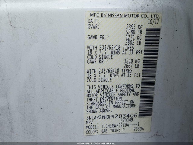 46228876 :رقم المزاد ، 5N1AZ2MH0HN203406 vin ، 2017 Nissan Murano Sl مزاد بيع