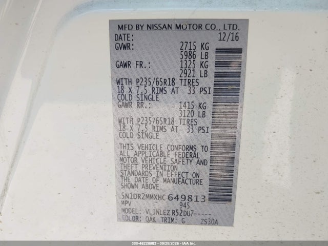 Продаж на аукціоні авто 2017 Nissan Pathfinder Sv, vin: 5N1DR2MMXHC649813, номер лоту: 46228883