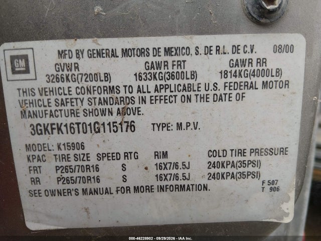 46228902 :رقم المزاد ، 3GKFK16T01G115176 vin ، 2001 Gmc Yukon Xl 1500 Slt مزاد بيع
