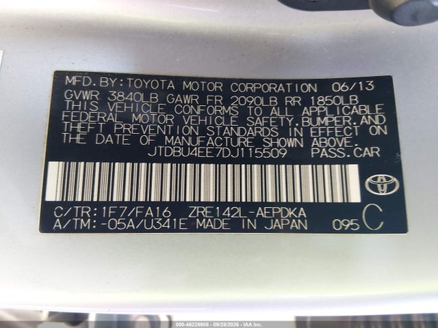 46228905 :رقم المزاد ، JTDBU4EE7DJ115509 vin ، 2013 Toyota Corolla L مزاد بيع