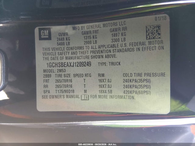 Aukcja sprzedaży 2018 Chevrolet Colorado Wt, vin: 1GCHSBEAXJ1209249, numer aukcji: 46228936