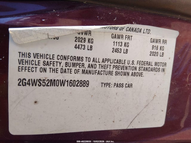 46228938 :رقم المزاد ، 2G4WS52M0W1602889 vin ، 1998 Buick Century Custom مزاد بيع