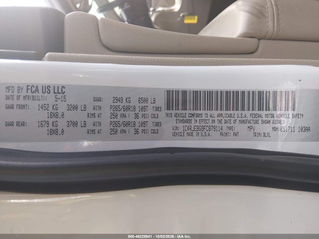 Продаж на аукціоні авто 2015 Jeep Grand Cherokee Limited, vin: 1C4RJEBG9FC879114, номер лоту: 46228941