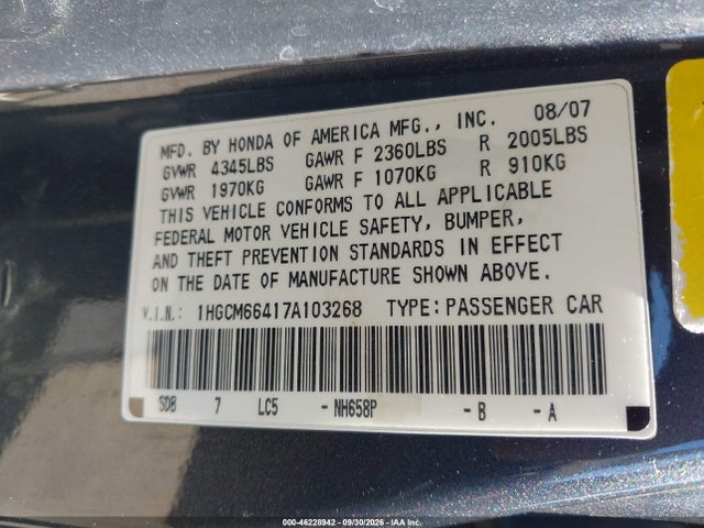 Aukcja sprzedaży 2007 Honda Accord 3.0 Se, vin: 1HGCM66417A103268, numer aukcji: 46228942