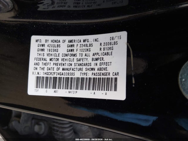 Honda ACCORD LX 2016 1HGCR2F34GA009595 Image 9