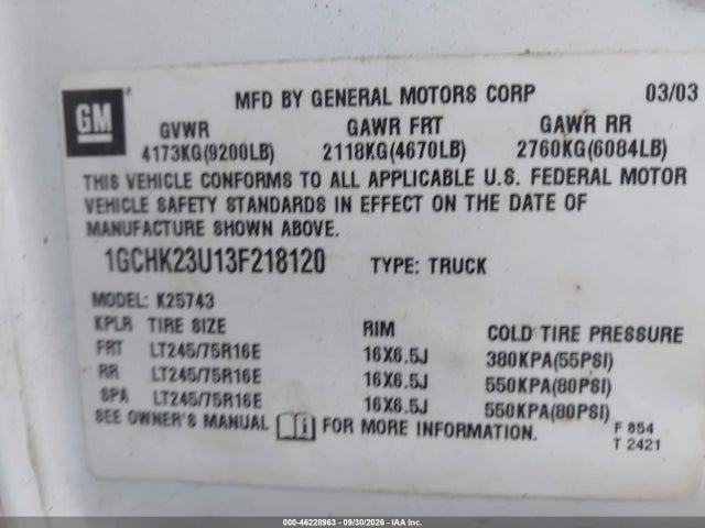 Aukcja sprzedaży 2003 Chevrolet Silverado 2500hd Lt, vin: 1GCHK23U13F218120, numer aukcji: 46228963
