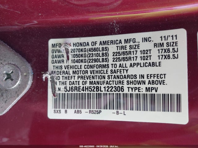 Продаж на аукціоні авто 2011 Honda Cr-v Ex, vin: 5J6RE4H52BL122306, номер лоту: 46228980