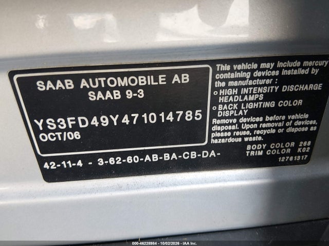 46228984 :رقم المزاد ، YS3FD49Y471014785 vin ، 2007 Saab 9-3 2.0t مزاد بيع