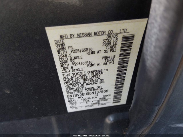 Продаж на аукціоні авто 2005 Nissan Quest 3.5, vin: 5N1BV28U95N137568, номер лоту: 46228985