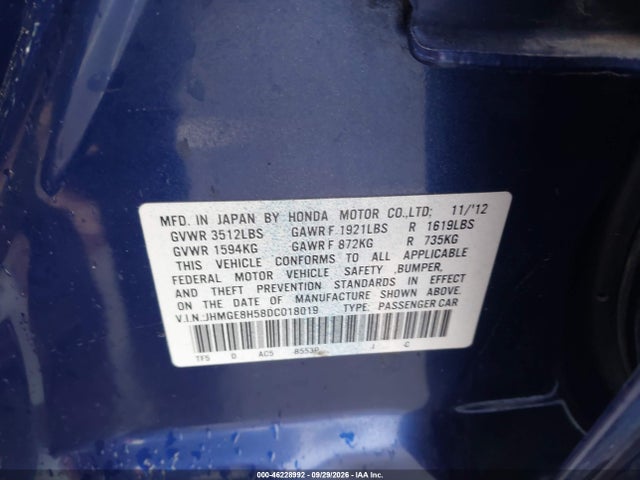 2013 Honda Fit Sport მანქანა იყიდება აუქციონზე, vin: JHMGE8H58DC018019, აუქციონის ნომერი: 46228992