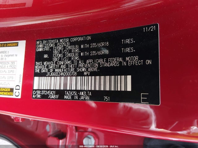 Продаж на аукціоні авто 2022 Lexus Nx 350 Premium, vin: JTJGGCEZ4N2000708, номер лоту: 46229000