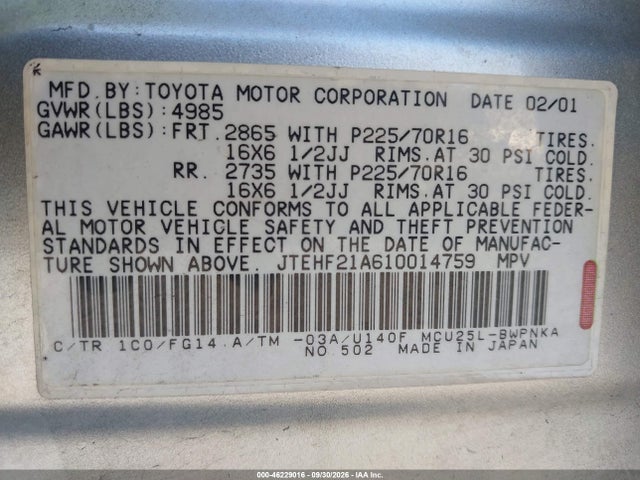 2001 Toyota Highlander V6 მანქანა იყიდება აუქციონზე, vin: JTEHF21A610014759, აუქციონის ნომერი: 46229016