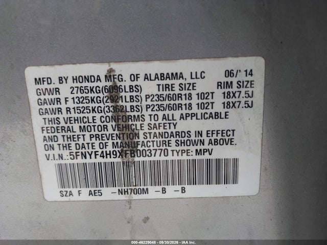 Продажа на аукционе авто 2015 Honda Pilot Touring, vin: 5FNYF4H9XFB003770, номер лота: 46229048